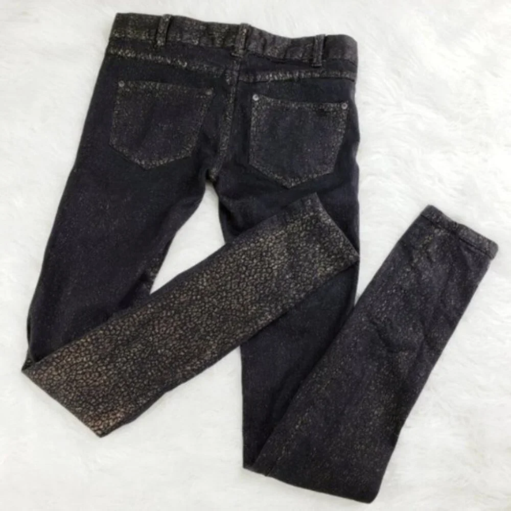 Free People Gold Leopard Print Jeans Y2K Denim Black Cheetah size 25 Stretch